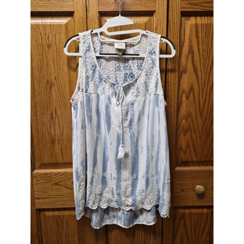 Womens Knox Rose Blue White Tie Dye Eyelet Trim BOHO CHIC Tank Top Size LG